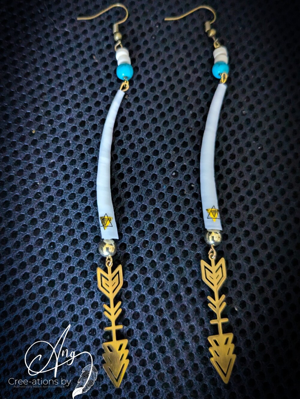 Tribal Gold Arrow Dentalium Shell and Turquoise Bead Drop Earrings